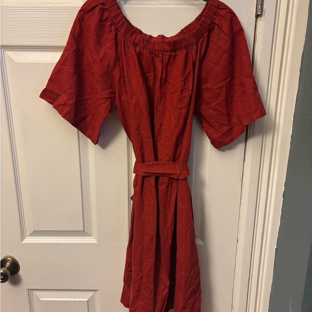 Banana Republic Off Shoulder Belted Midi Dress, Linen Blend, Tall Boat Neck, Med